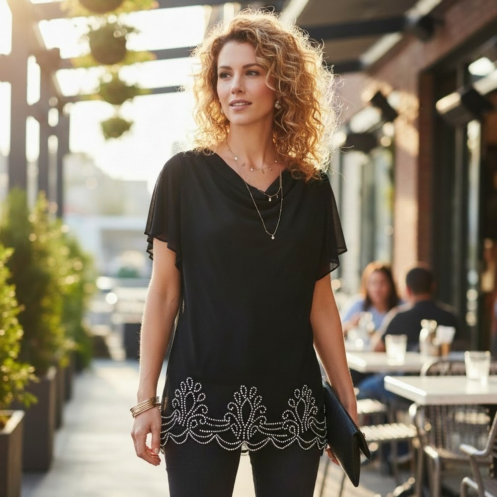 Metaphor Blouse Women L Black Y2K Cowl Neck Studded Evening Wear Whimsigoth